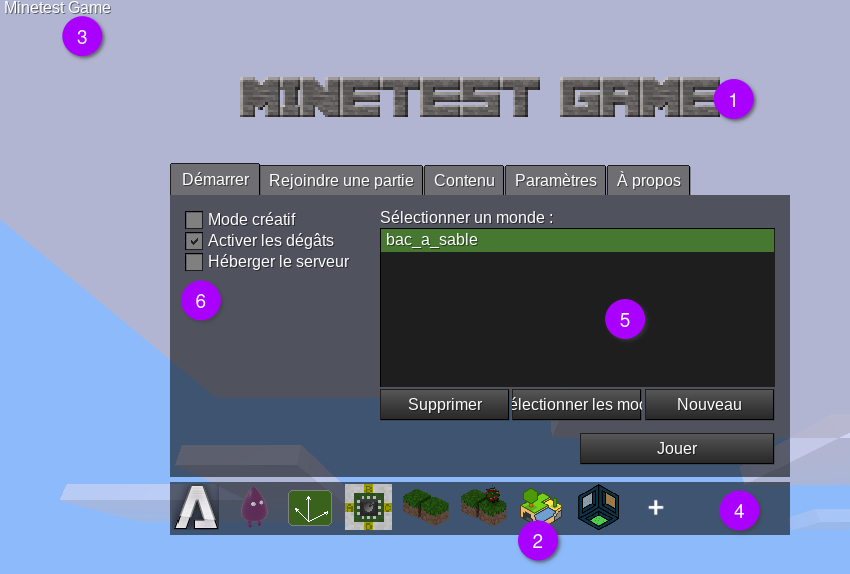capture d'écran du menu de Minetest 5.5.1